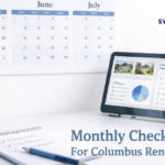"Monthly Check-In For Columbus Rental Owners" displayed alongside calendars, notes, and a performance dashboard, illustrating how consistent property management keeps rental portfolios organized, monitored, and on track